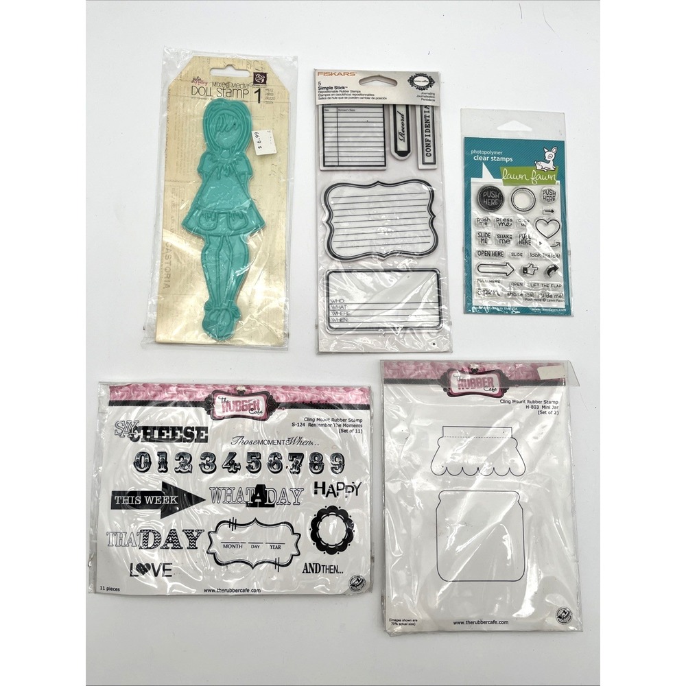 Lot of 5 Clear & Cling Rubber Stamp Sets Fiskars Lawn Fawn Rubber Cafe Craft